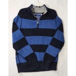 VTG AMERICAN EAGLE MEN 1/4 ZIP SWEATER XL THICK BLUE STRIPE Y2K 90s 2000s PREPPY
